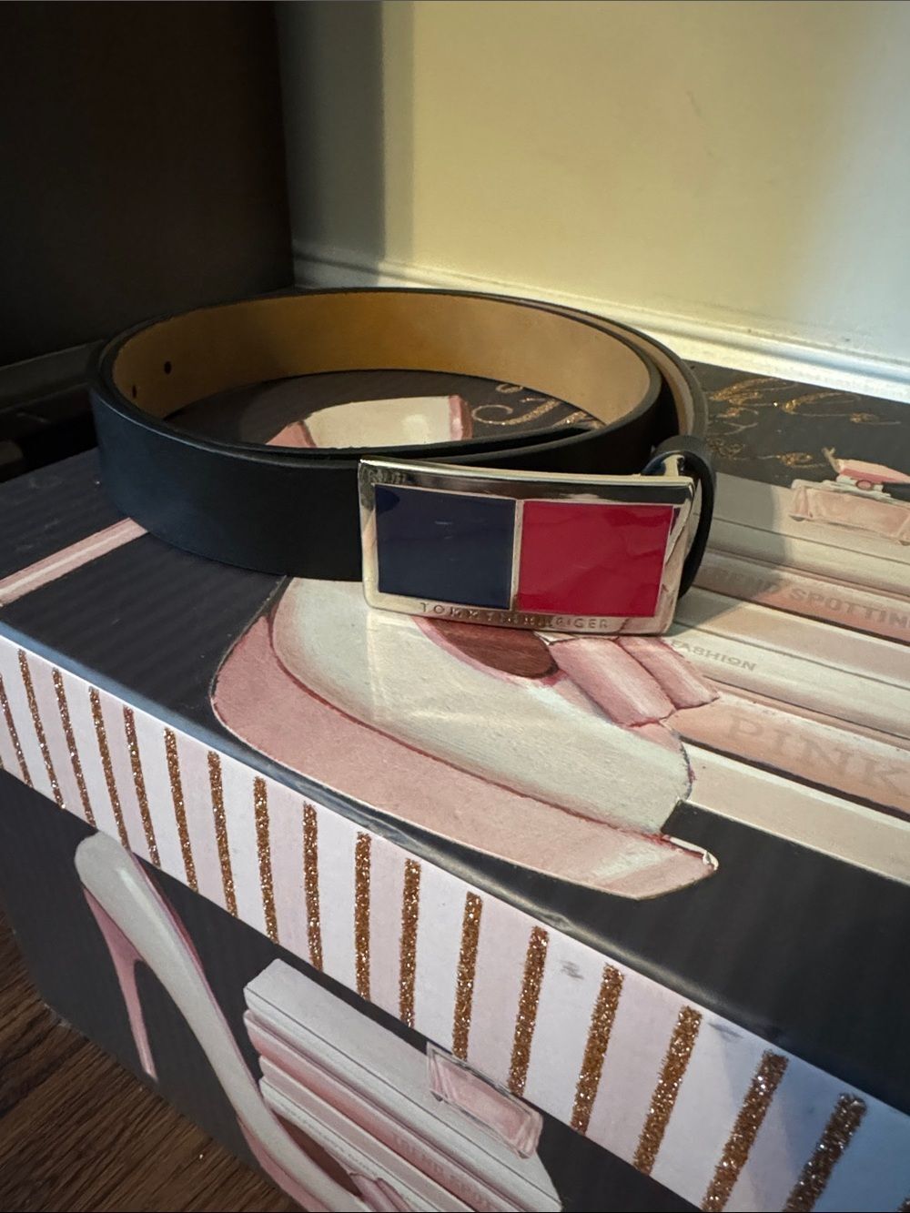 Tommy Hilfiger Black Leather Belt with Red & Blue Enamel Buckle